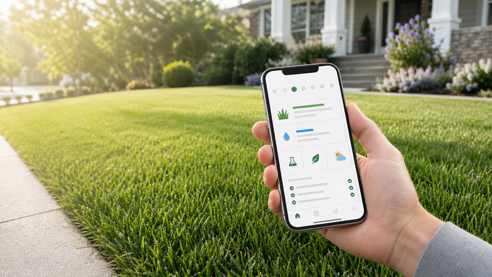 First Mow app shown over a healthy residential lawn